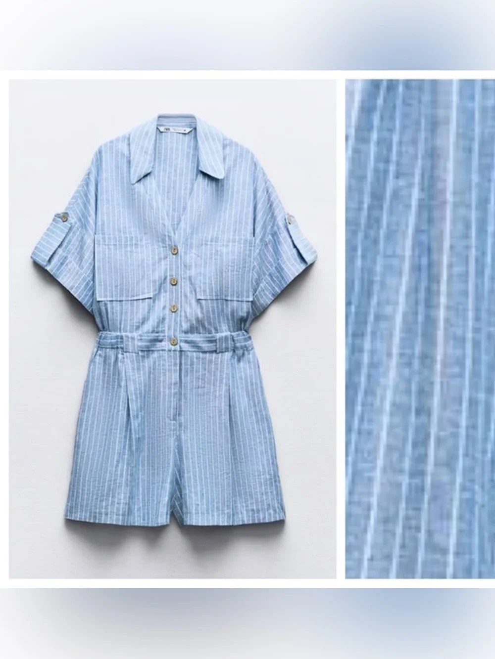 Zara Striped Linen Blend Short Romper Blue White Roll Tab Size Medium